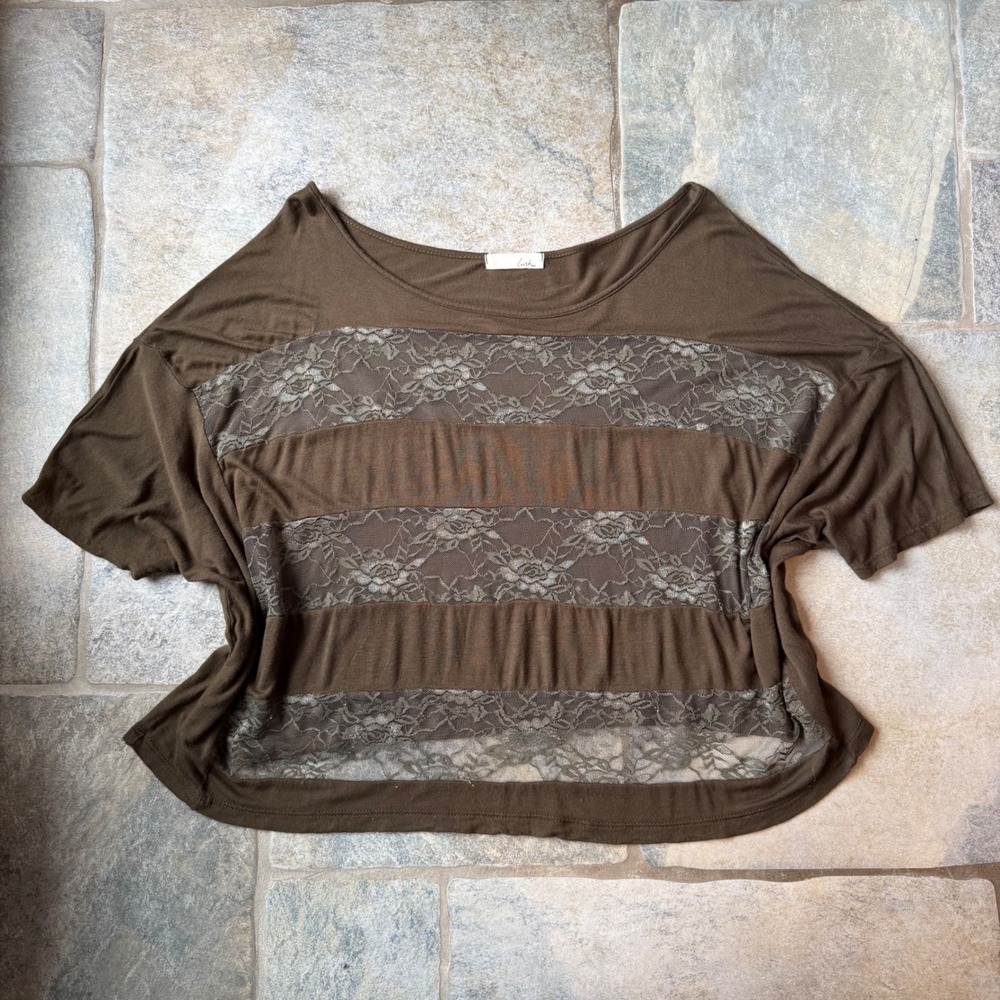 Y2K Lush Sheer Lace Panel Crop Top Olive Green‎ Size M